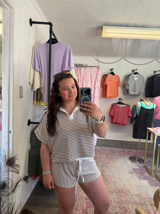 Striped Collared Top & Shorts Set Mocha