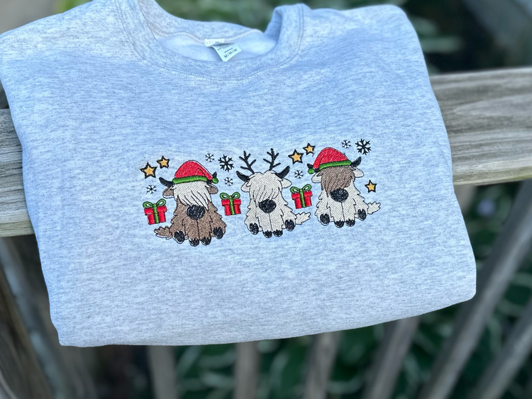 Christmas Highland Cows Embroidered Crewneck