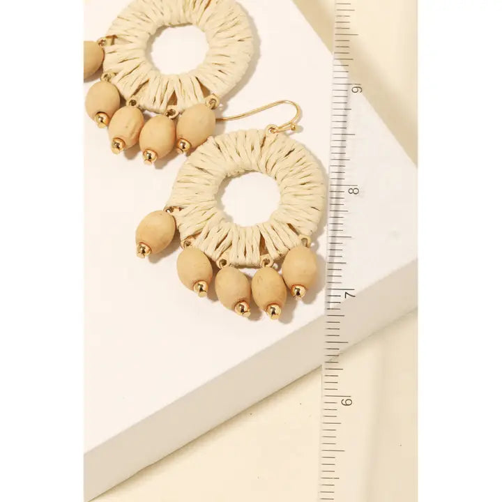 Wooden Bead Fringe Paper Hoop Drop Earrings Taupe