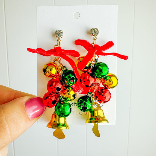Velvet Bow & Jingle Bells Gold Dangle Earring