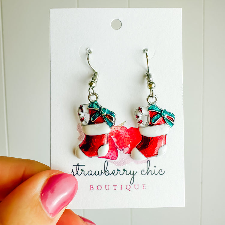 Stuffed Stocking Silver Dangle Earring