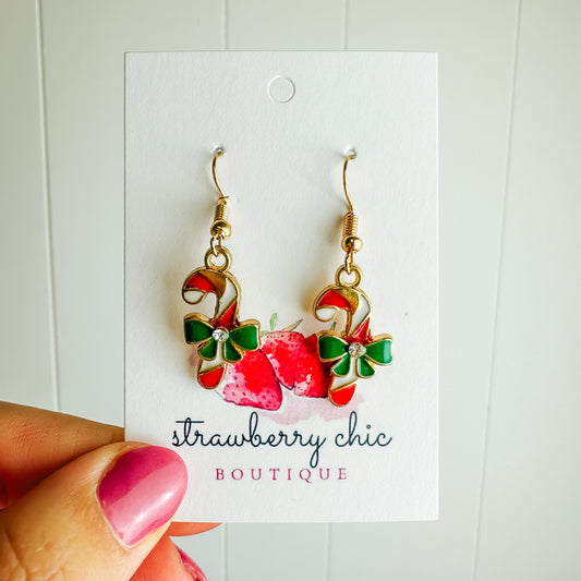 Candy Cane & Bow Gold Dangle Earring