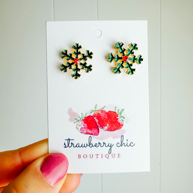 Green & Red Snowflake Stud Earring