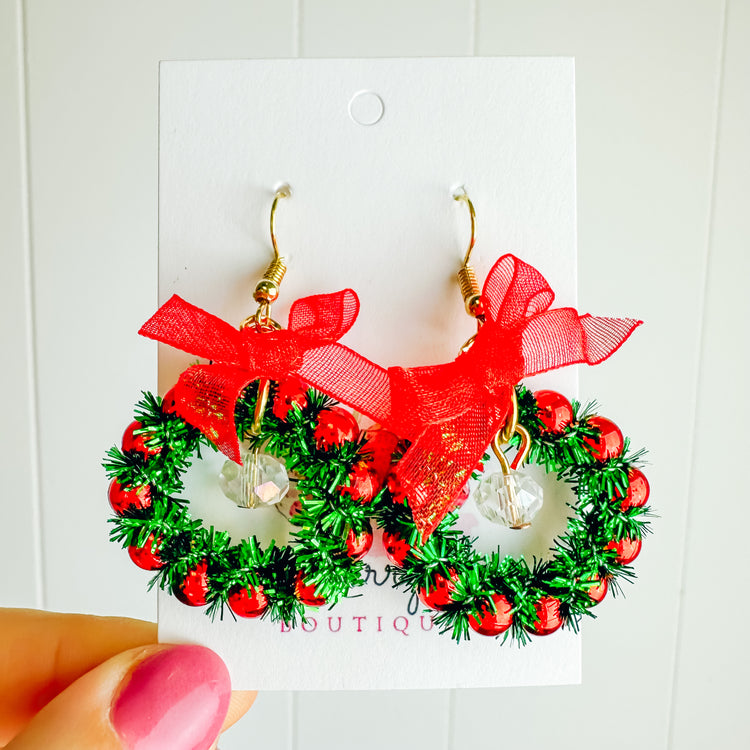 Christmas Bow & Wreath Dangle Earrings