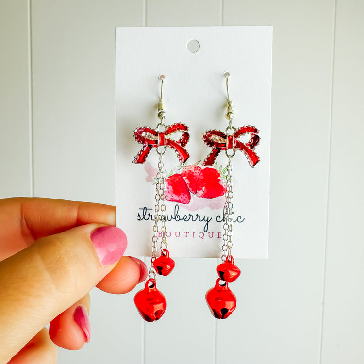 Red Ribbon & Jingle Bells Silver Dangle Earring