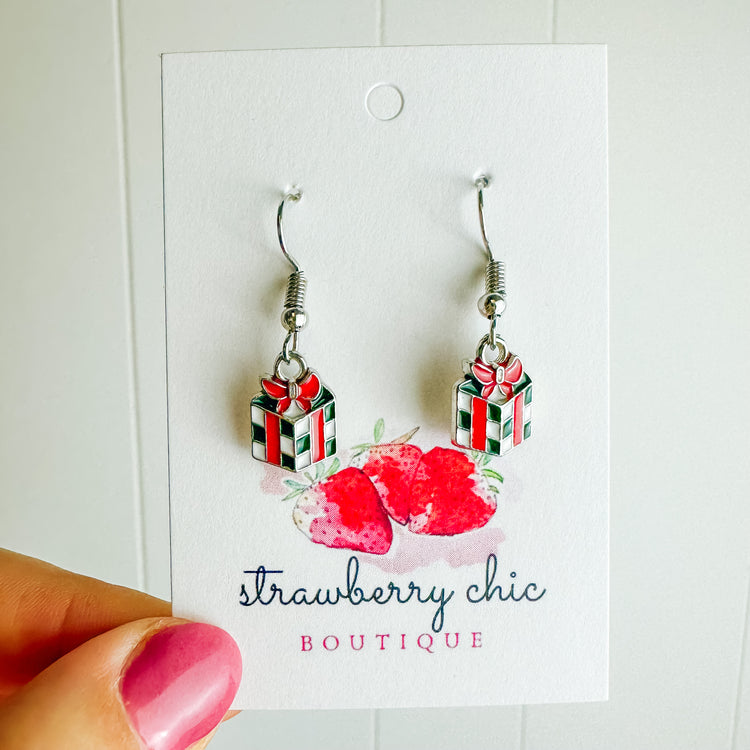 Checkered Christmas Present Dangle Earrings