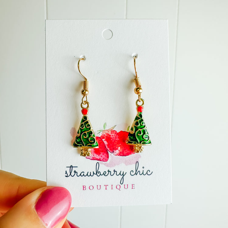 Gold Detailed Christmas Tree Dangle Earrings