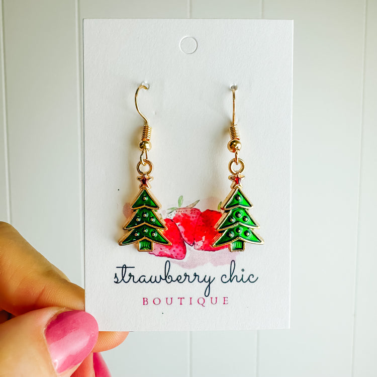 Gold & Green Christmas Tree Dangle Earrings