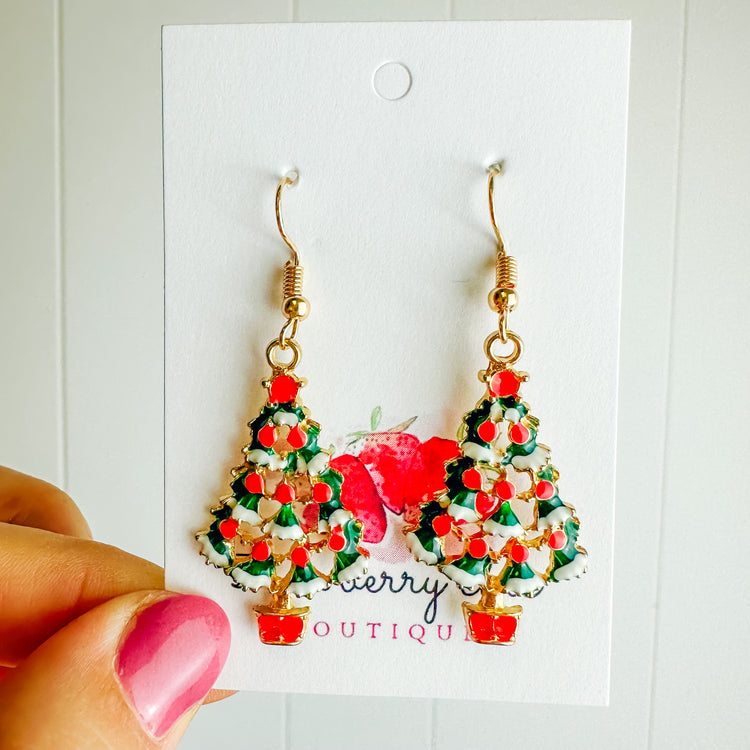 Snowy Christmas Tree Gold Dangle Earring