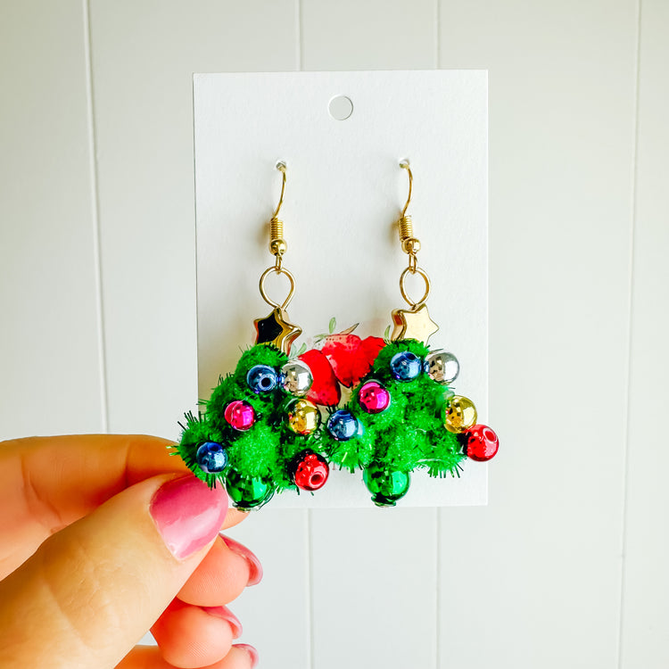Pom Pom & Ornament Tree Dangle Earrings