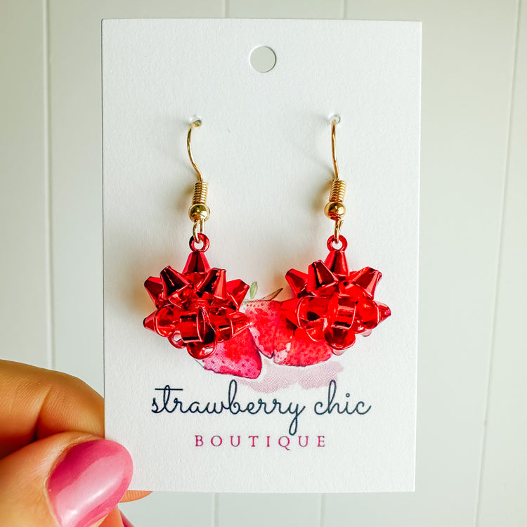 Red Present Bow Gold Dangle Earring