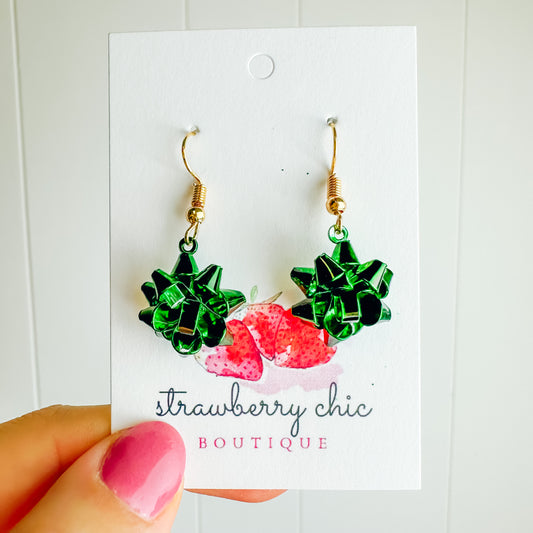 Green Present Bow Gold Dangle Earring