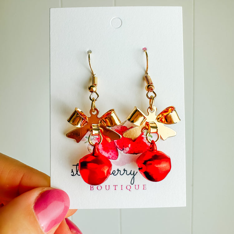 Gold Bow & Red Ornament Dangle Earring