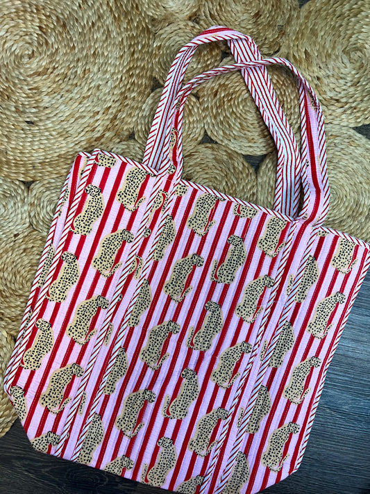 Pink Striped Leopard Quilted Tote ONE LEFT