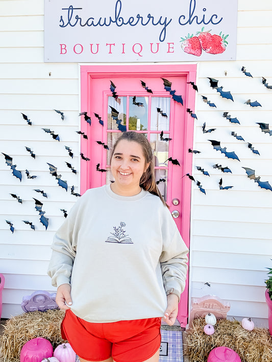 Open Book with Flowers Embroidered Crew Sweatshirt