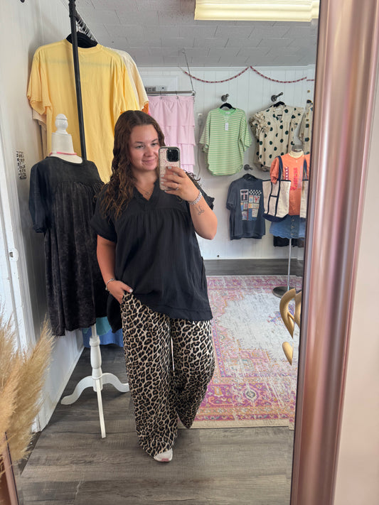 Washed Leopard Print Wide Leg Pants