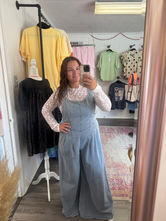 Wide Leg Denim Overall Jumpsuit