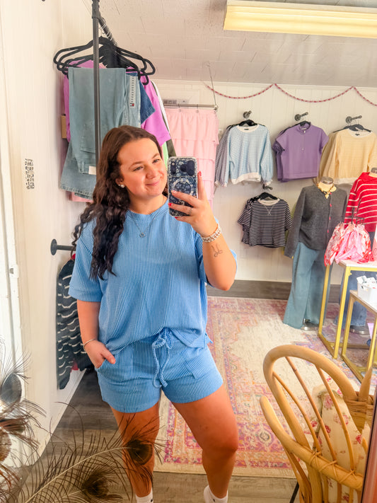 Ribbed Shorts Set Sky Blue ONE SMALL LEFT