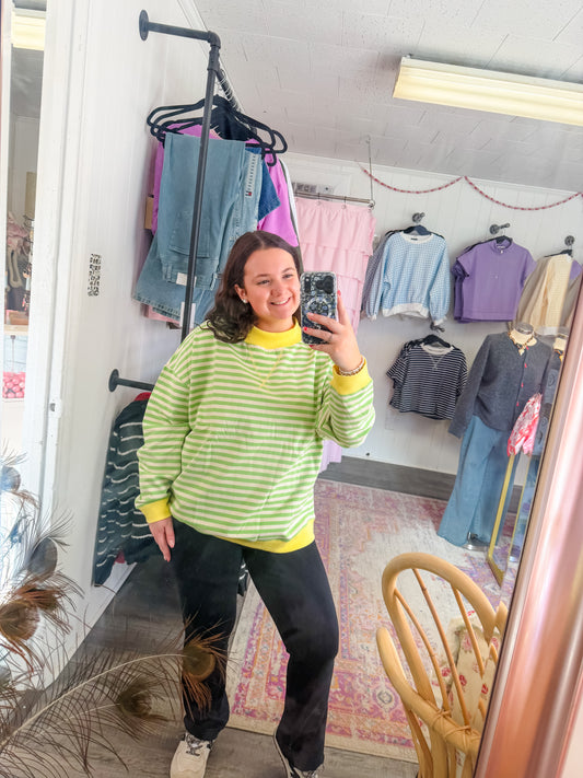 Striped Mock Sweatshirt Honeydew/Cream