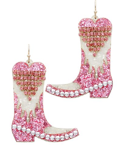 Glitter Pink Heart Boots Earrings