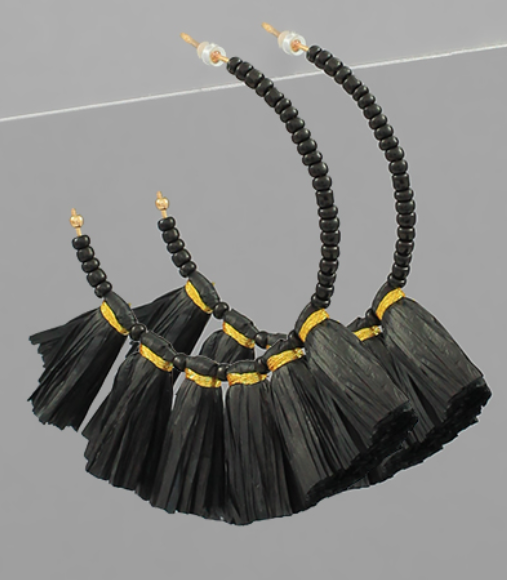 Raffia Tassel & Beads Circle Earring-Black
