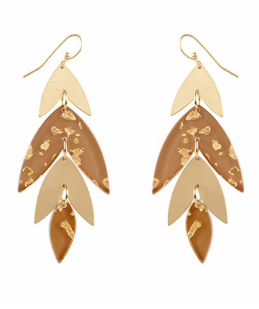 Gold Flake Leaf Drop Earrings-Brown