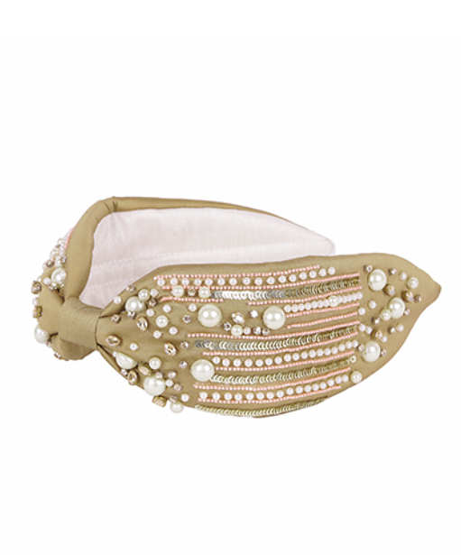 Pearl & Sequin Lined Headband-Beige