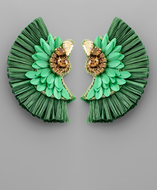 Raffia Wing Earrings-Green