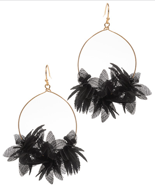 Fabric Flower & Wired Oval Earrings-Black
