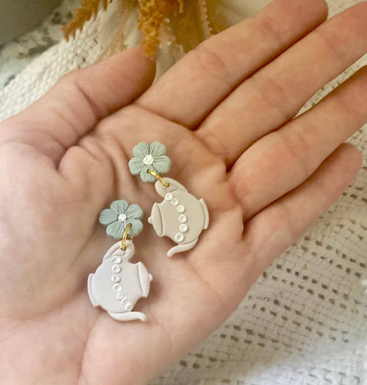 Blue Dainty Flower Teapot Earrings 