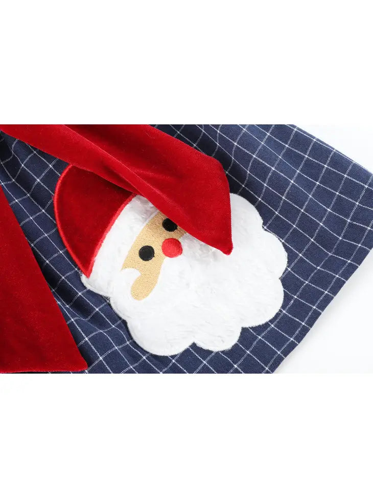 Blue Tweed Plaid Santa Dress with Big Bow