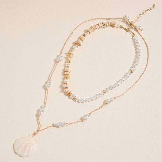Layered Shell and Pearl Beaded Necklace ONE LEFT