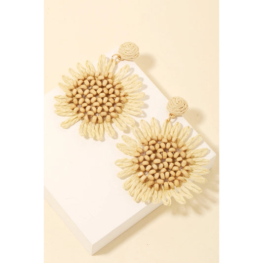 Beaded Raffia Flower Drop Earrings