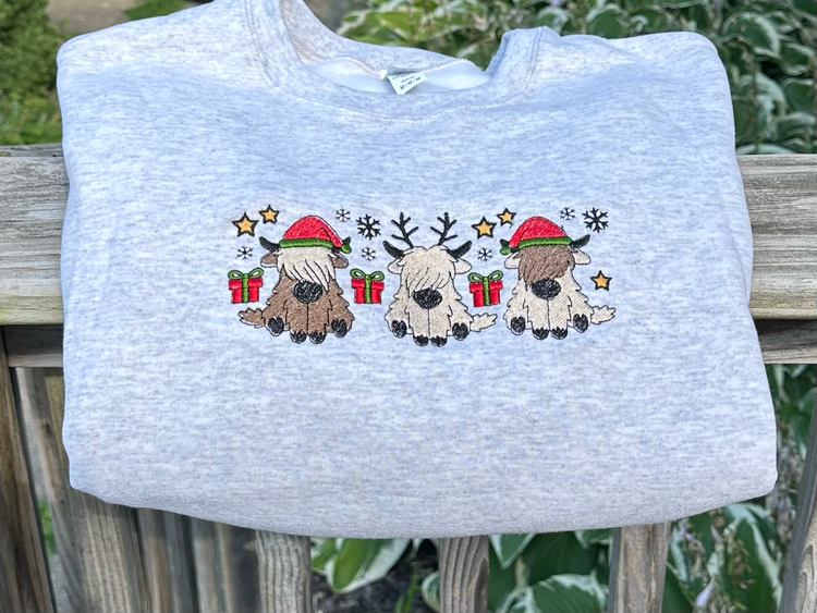 Christmas Highland Cows Embroidered Crewneck