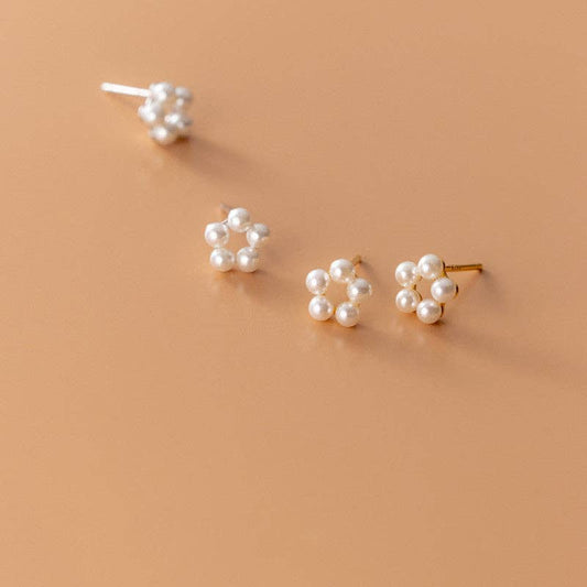 Five Petal Pearl Flower Stud Earrings