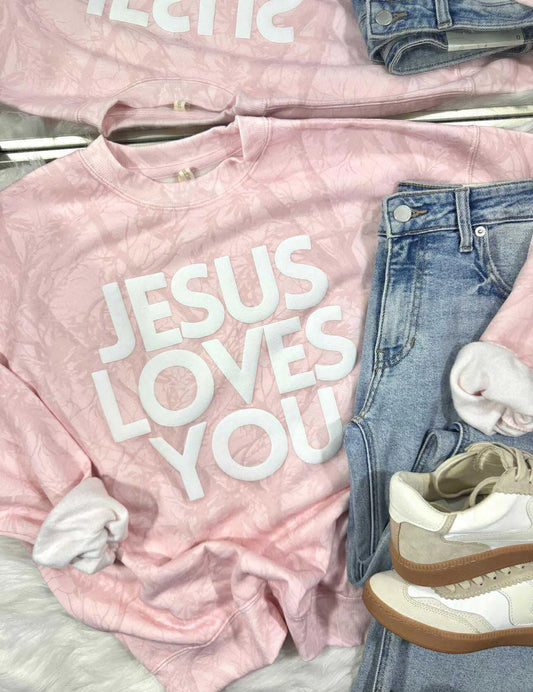 Pink Camo Jesus Loves You Sweatshirt ONE SMALL LEFT